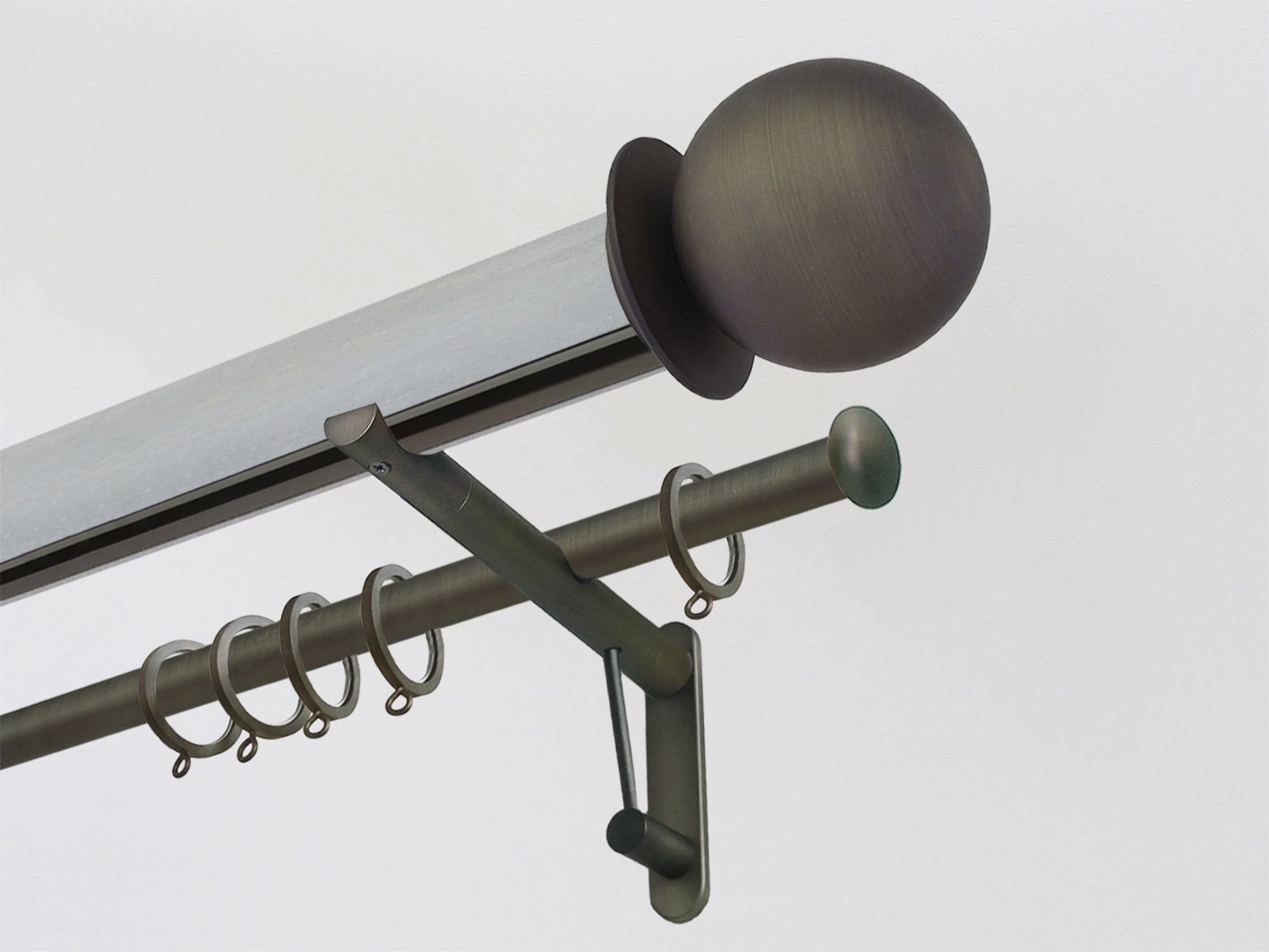 Wood Pigeon stained wooden tracked double curtain pole with metal ball finials