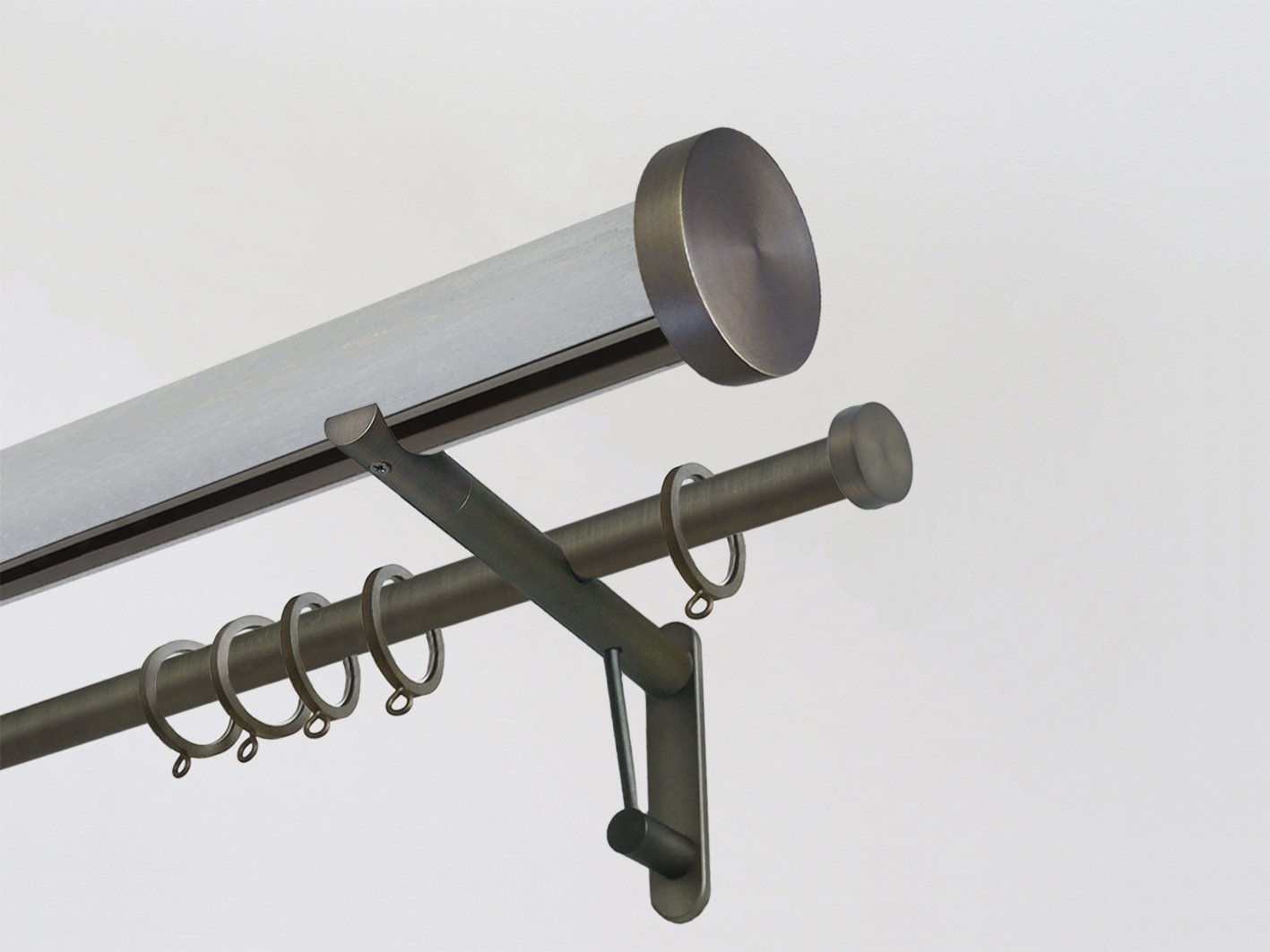 Wood Pigeon stained wooden tracked curtain pole with mini disc finials