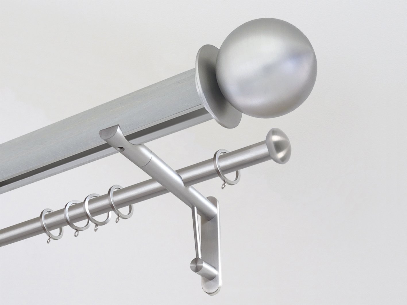 Wood Pigeon stained wooden tracked double curtain pole with metal ball finials