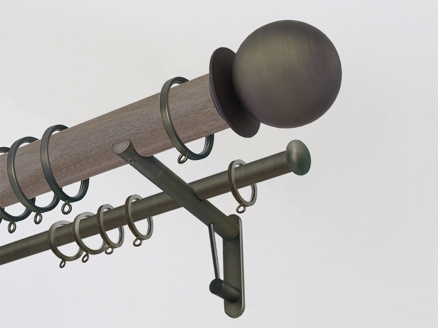 50mm dia. weathered oak stained wooden double curtain pole duo system with brushed bronze finials