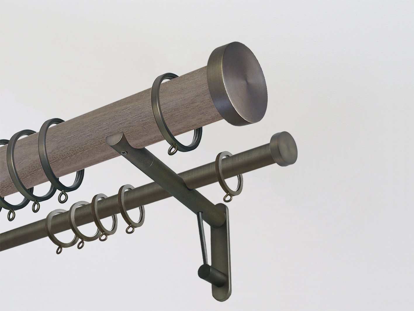 weathered oak stained wooden double curtain pole by Walcot House antique brass look