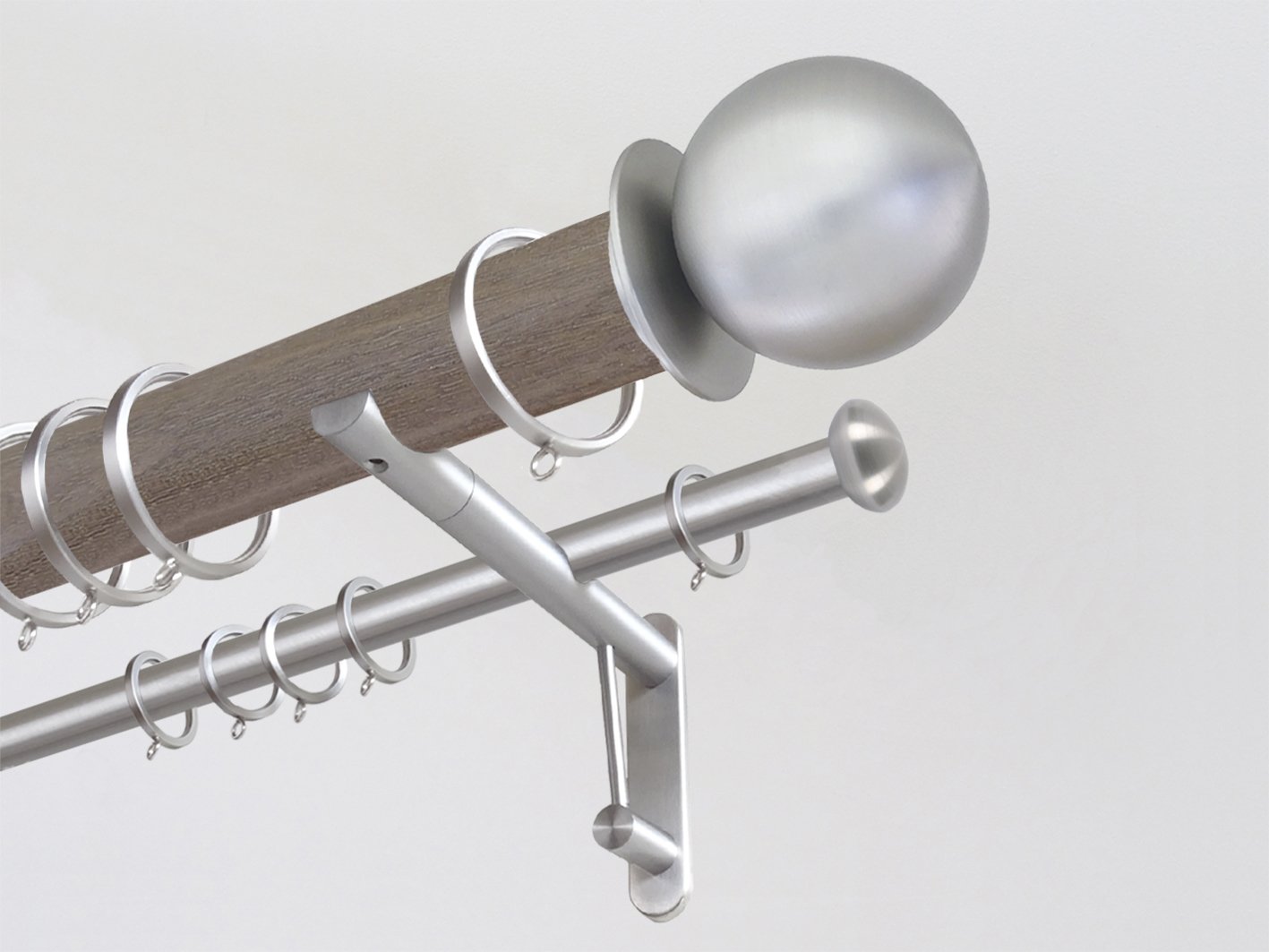 50mm dia. weathered oak stained wooden double curtain pole duo system with brushed bronze finials