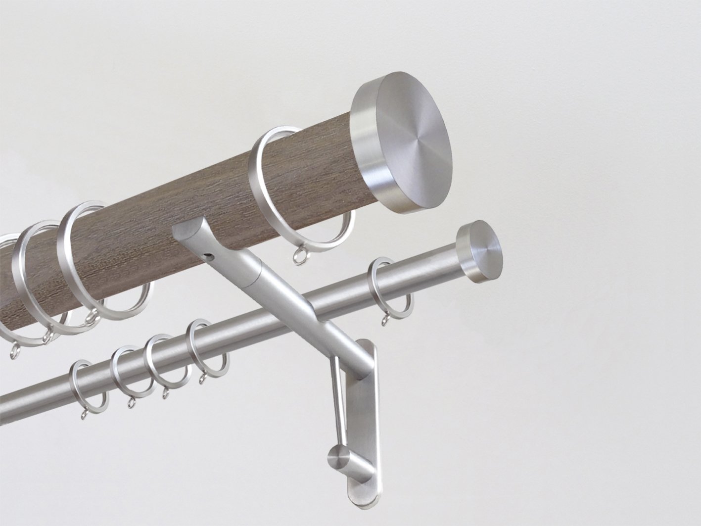 weathered oak stained wooden double curtain pole by Walcot House antique brass look