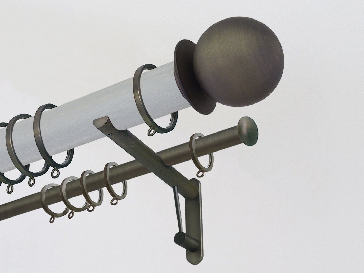 50mm dia. wood pigeon stained wood double curtain pole with steel metal ball finials for voile curtains