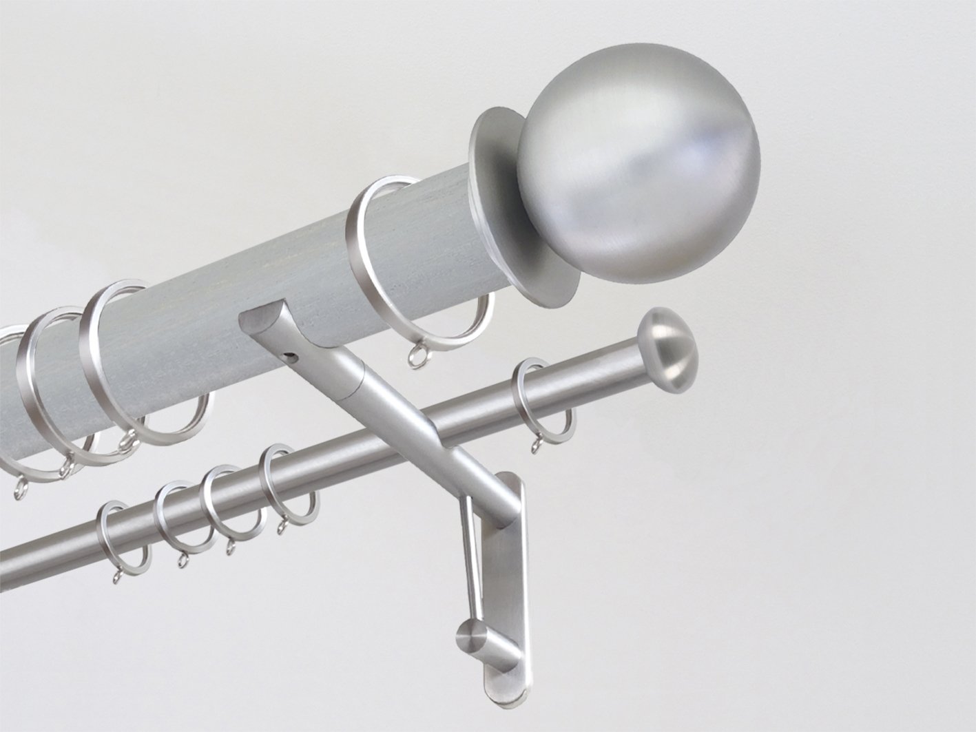 50mm dia. wood pigeon stained wood double curtain pole with steel metal ball finials for voile curtains