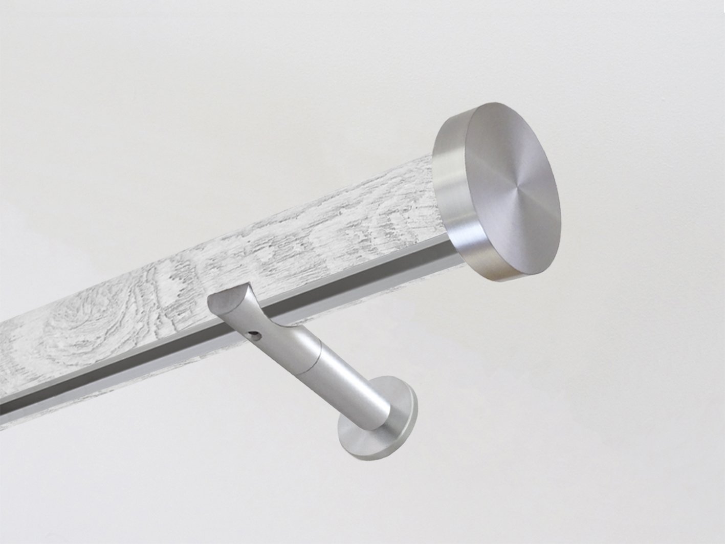 wrapped and tracked curtain pole in driftwood textured nordic white silver track by Walcot House