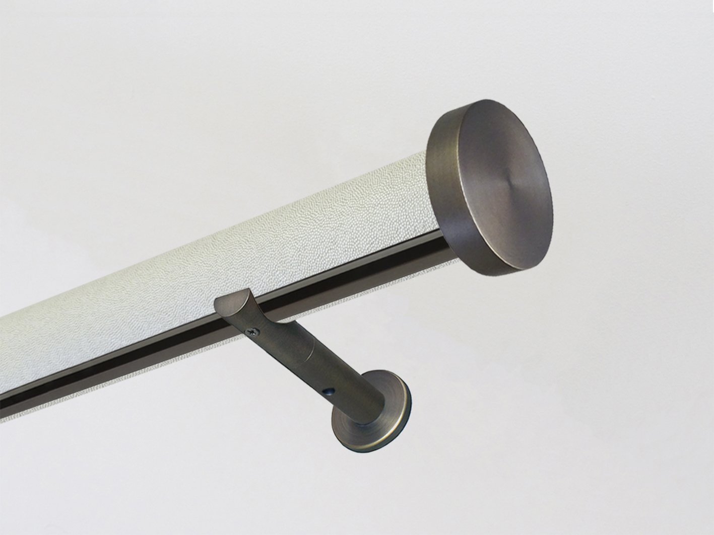 shagreen textured white pepper tracked curtain pole bronze track by Walcot House