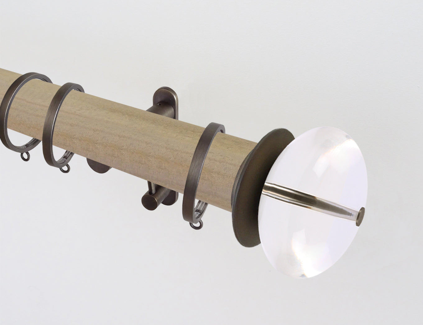 50mm dia. cotswold oak stained wooden curtain pole set with acrylic ellipse finials