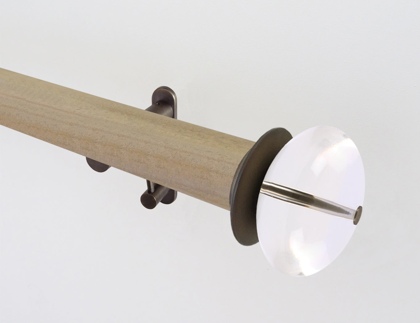 Light oak wooden tracked curtain pole with acrylic finials