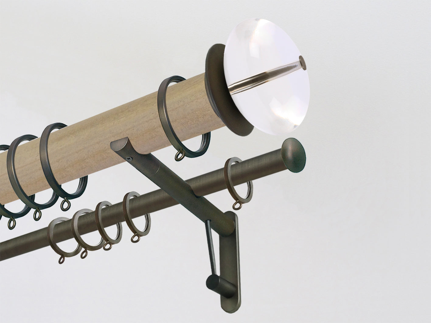 50mm dia. cotswold oak stained wood double curtain pole with acrylic ball finials, steel brackets