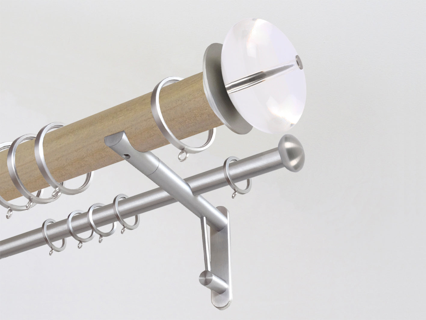 50mm dia. cotswold oak stained wood double curtain pole with acrylic ball finials, steel brackets