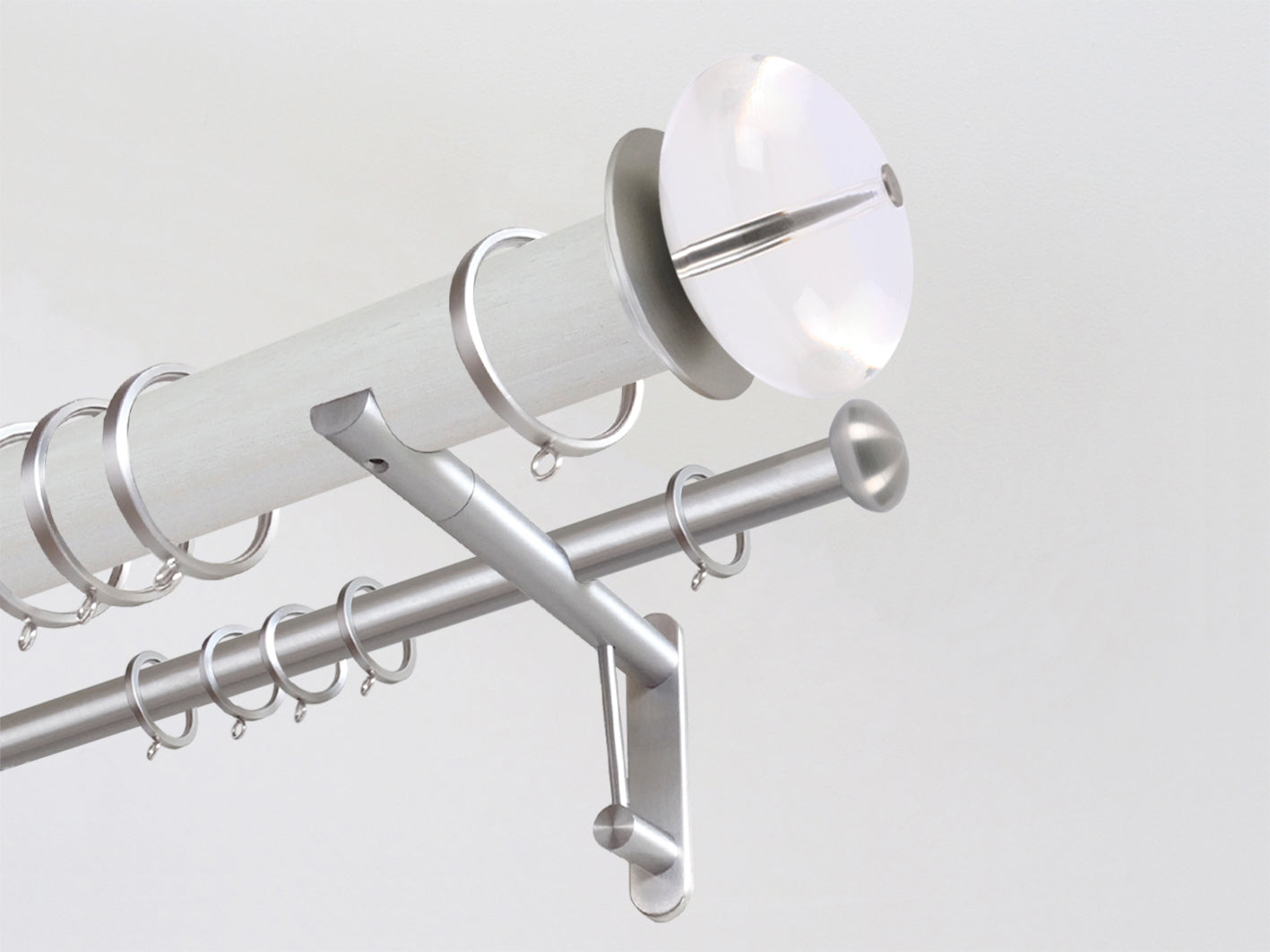 50mm dia. ecru stained wood double curtain pole with acrylic ball finials, steel brackets