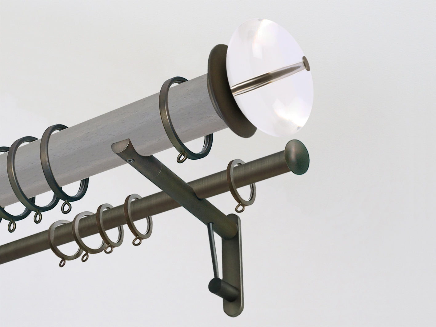 50mm dia. mouse stained wood double curtain pole with acrylic finials, brushed bronze brackets