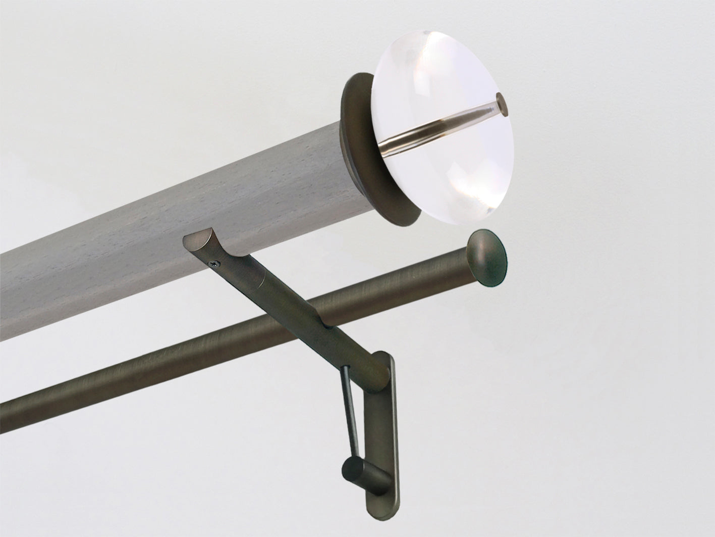 50mm dia. mouse stained wood double curtain pole with acrylic finials, brushed bronze brackets