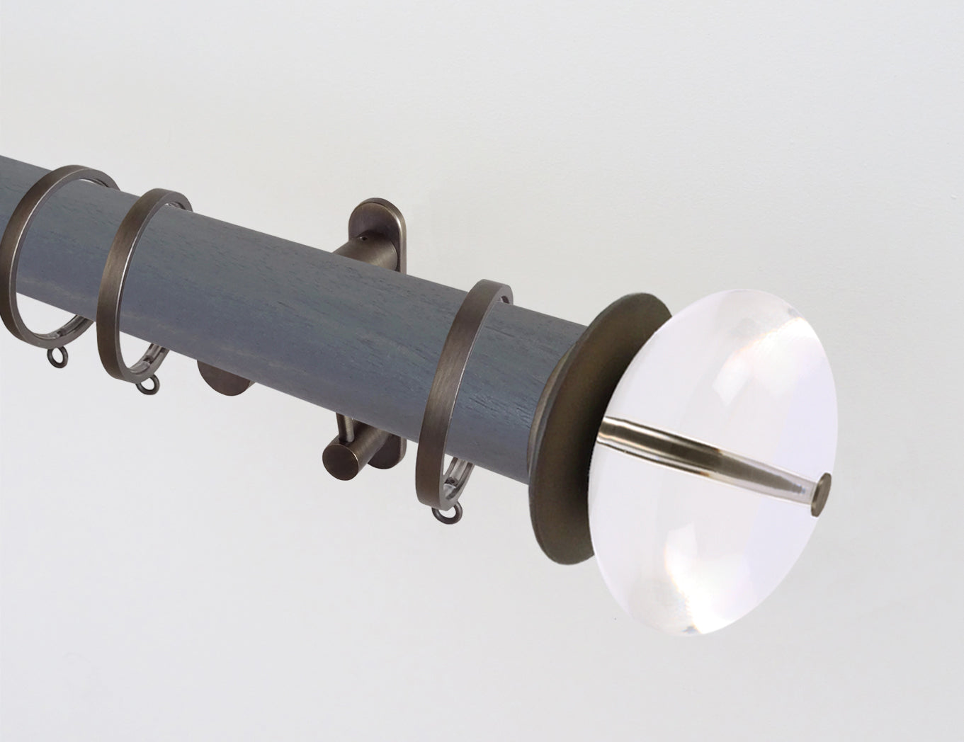 50mm diameter stained grey wooden curtain pole 'seal' with acrylic ball finials and brackets