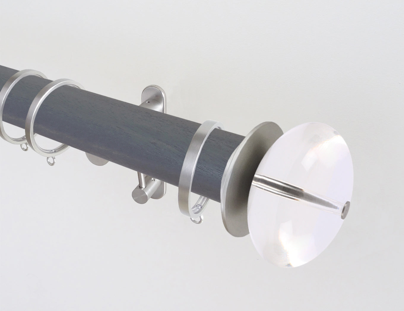 50mm diameter stained grey wooden curtain pole 'seal' with acrylic ball finials and brackets