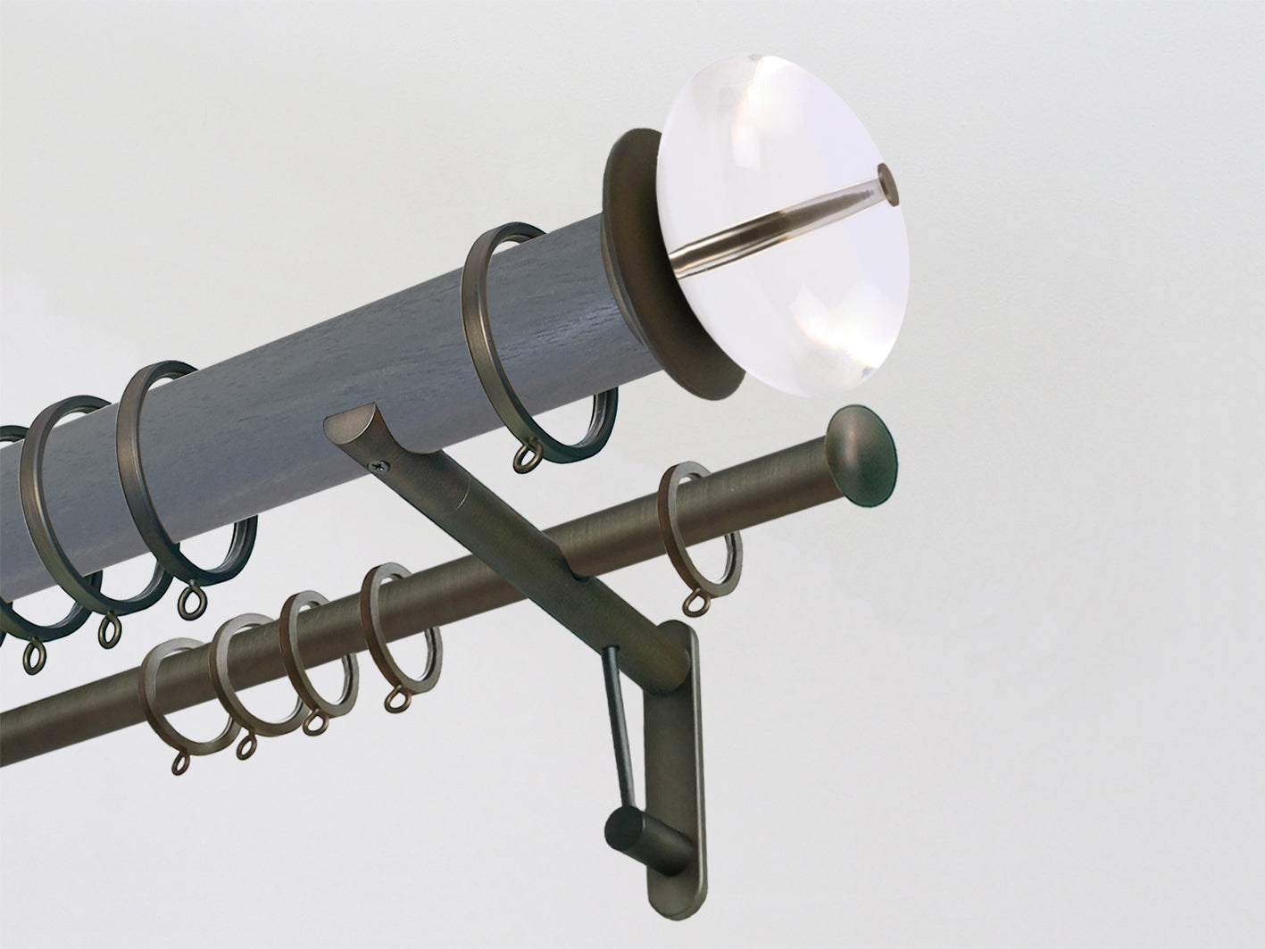 Seal stained wooden double curtain pole duo system by Walcot House with acrylic finials and brushed bronze brackets