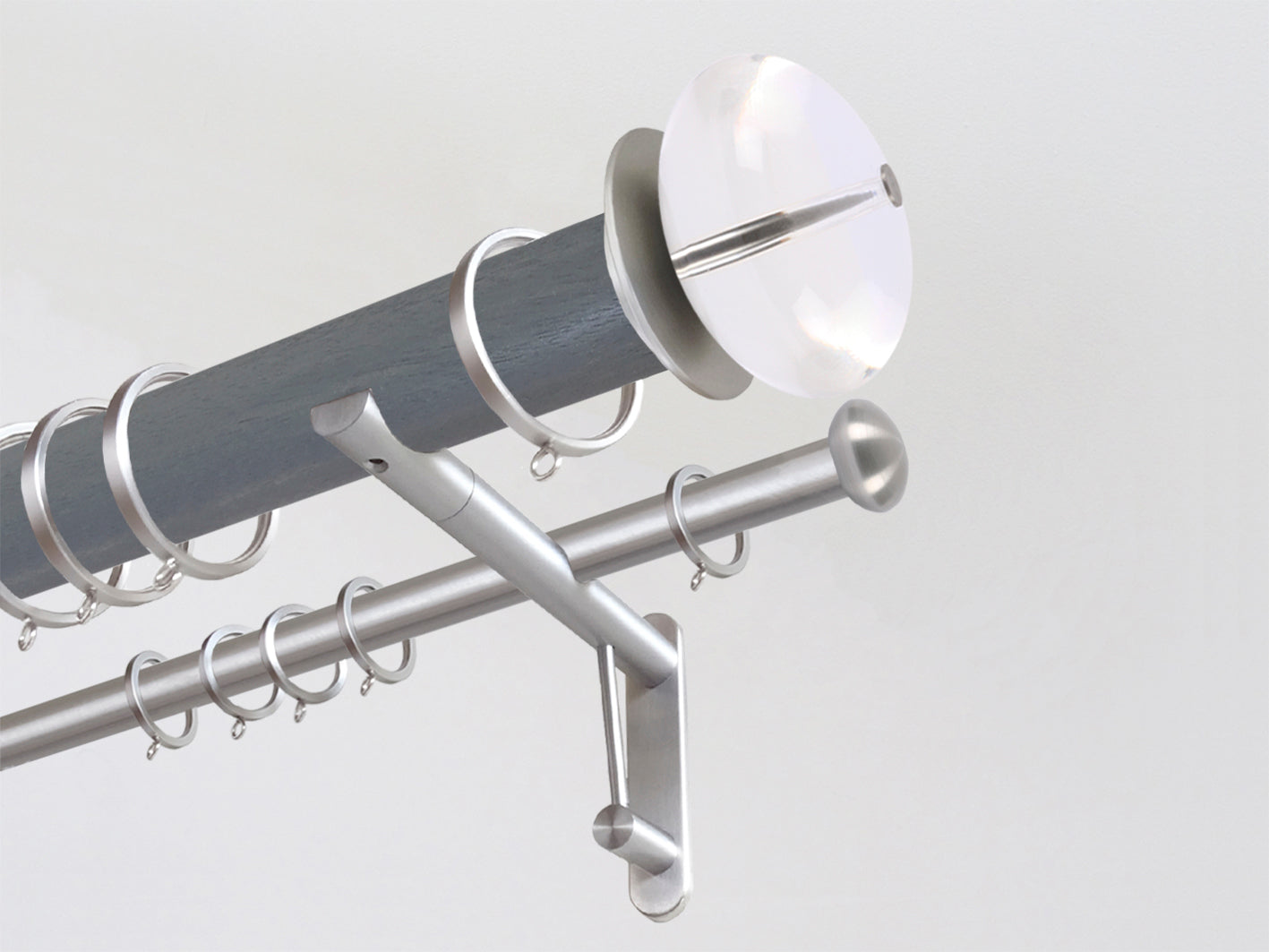 Seal stained wooden double curtain pole duo system by Walcot House with acrylic finials and brushed bronze brackets