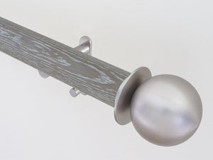 Real solid grey oak curtain pole with track and metal ball finials | Walcot House