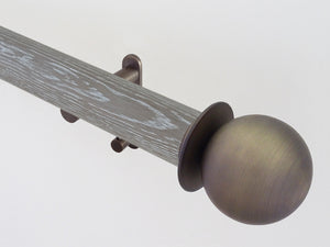 Real solid grey oak curtain pole with track and metal ball finials | Walcot House