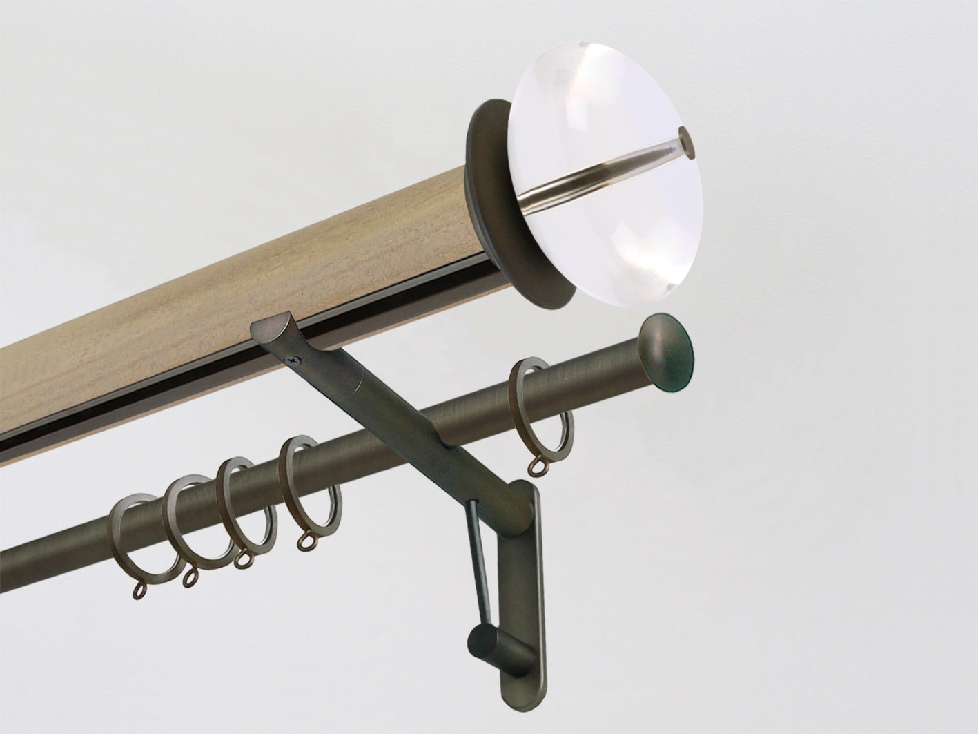 Double tracked wooden curtain pole set in light oak with acrylic finials