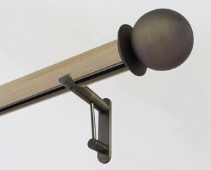 Cotswold Oak stained wooden tracked curtain pole with metal ball finials