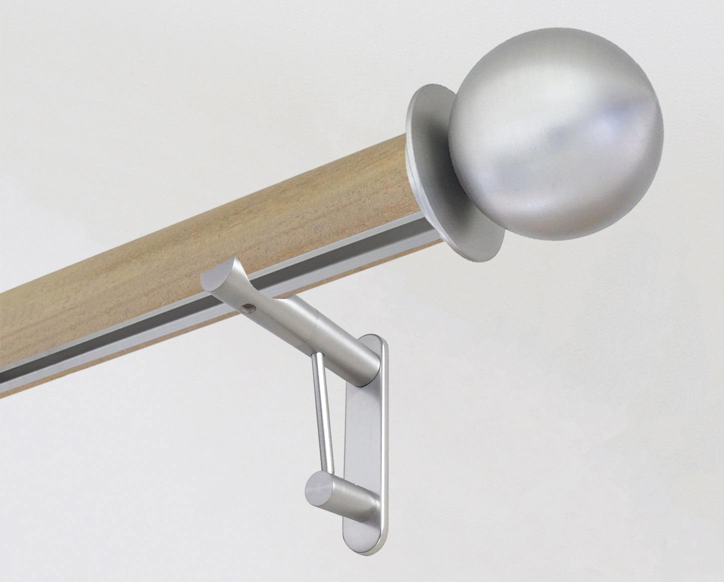 Cotswold Oak stained wooden tracked curtain pole with metal ball finials