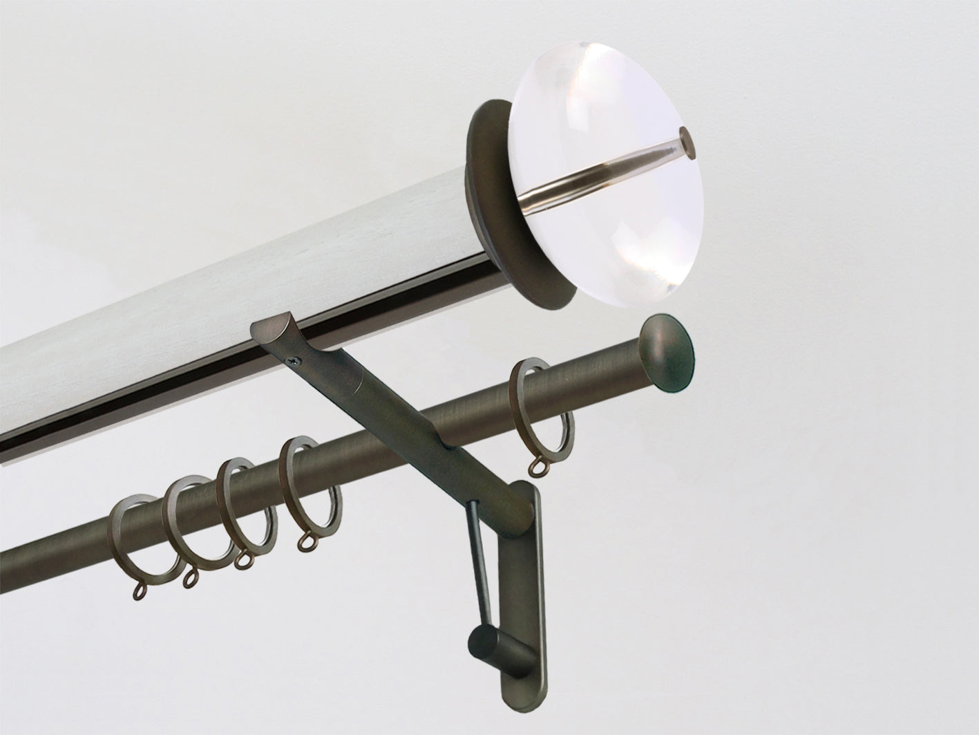 Ecru white stained wooden tracked curtain pole with acrylic finials