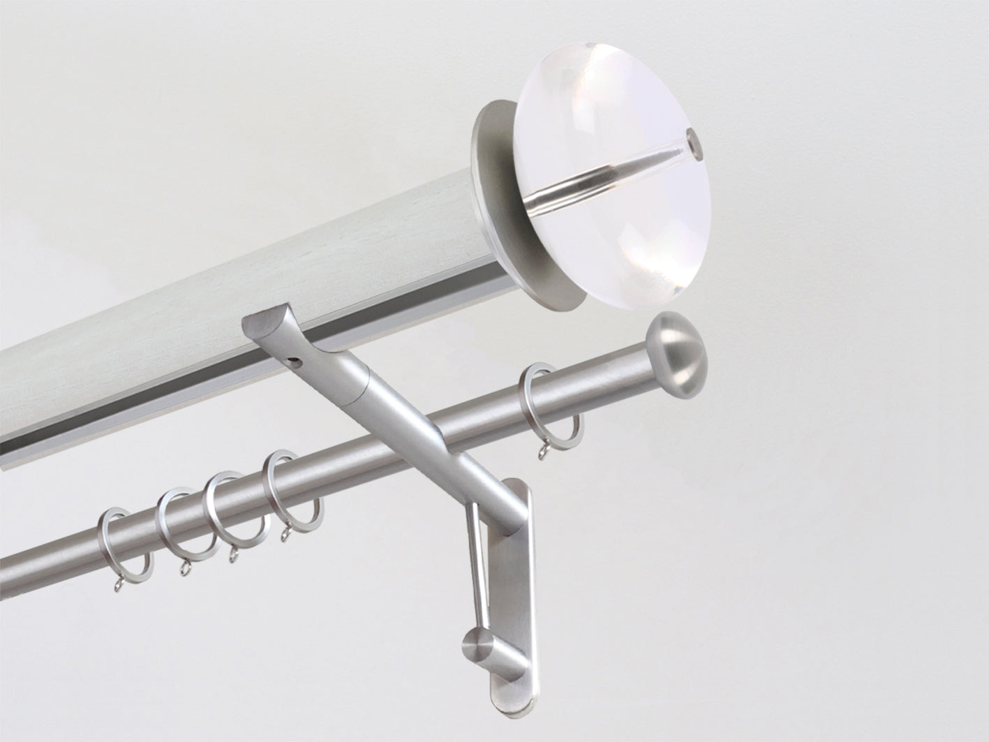 Ecru white stained wooden tracked curtain pole with acrylic finials