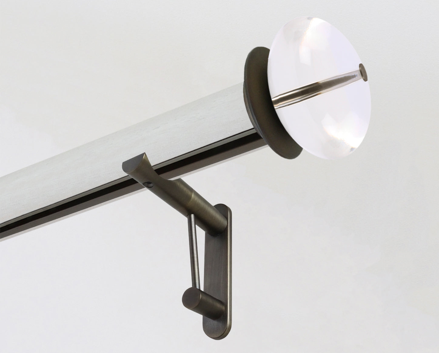 Ecru stained white wooden tracked curtain pole with acrylic finials