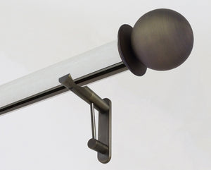 White wooden curtain pole in ecru with track inserted and steel ball finials