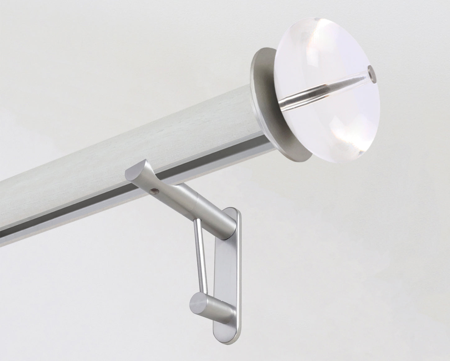 Ecru stained white wooden tracked curtain pole with acrylic finials