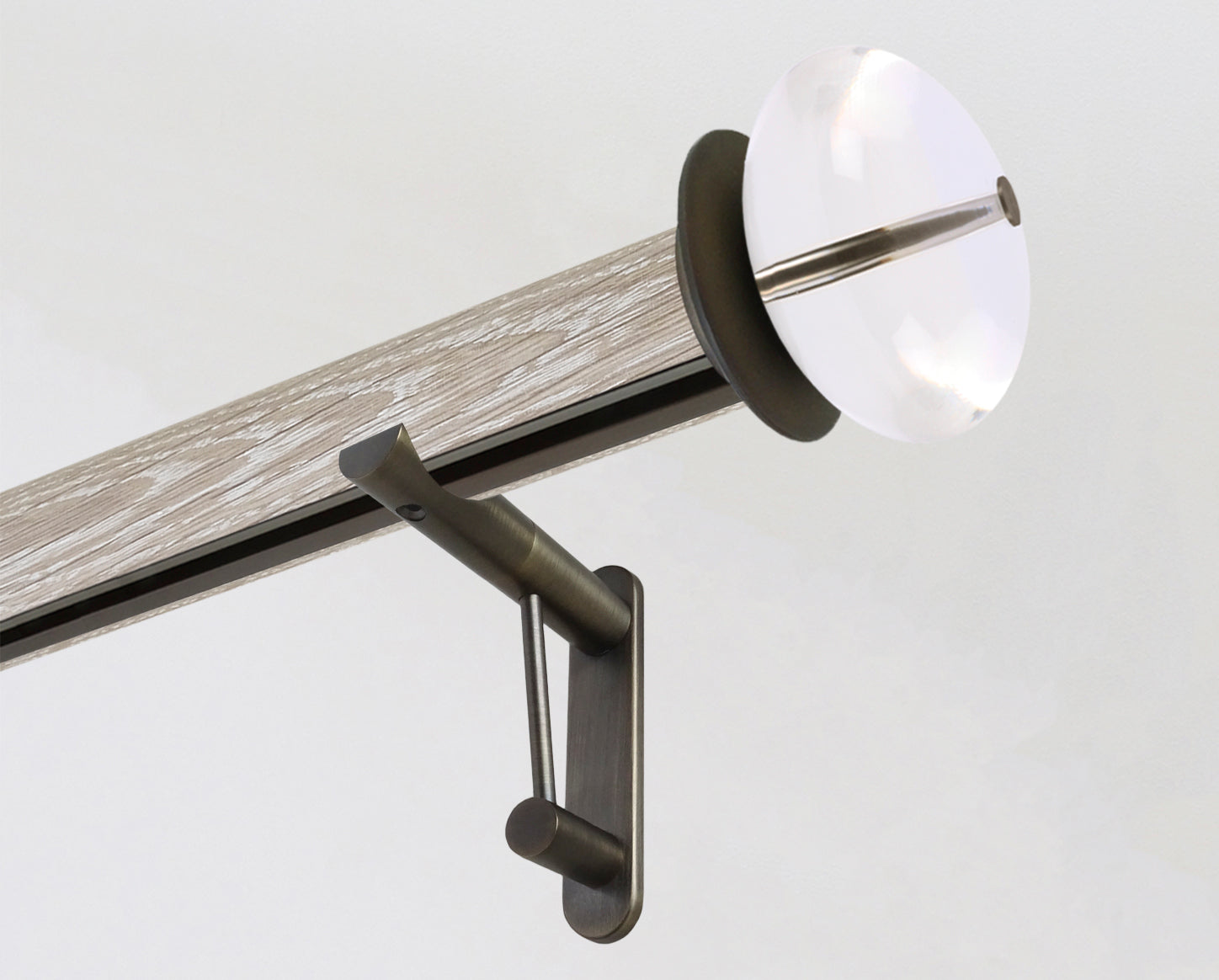 Limed real oak curtain pole with integrated track and acrylic ellipse finials | Walcot House UK