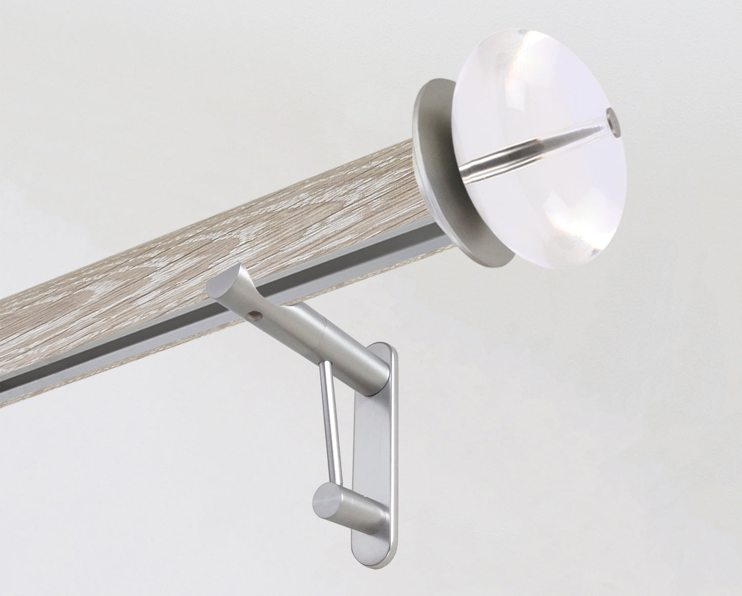 Limed real oak curtain pole with integrated track and acrylic ellipse finials | Walcot House UK