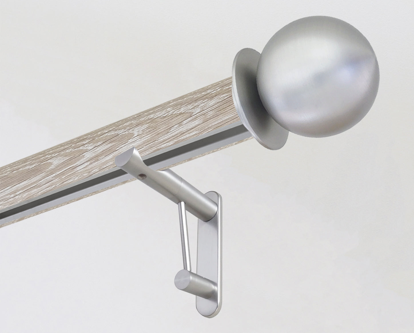 Real solid limed oak tracked curtain pole with metal ball finials | Walcot House