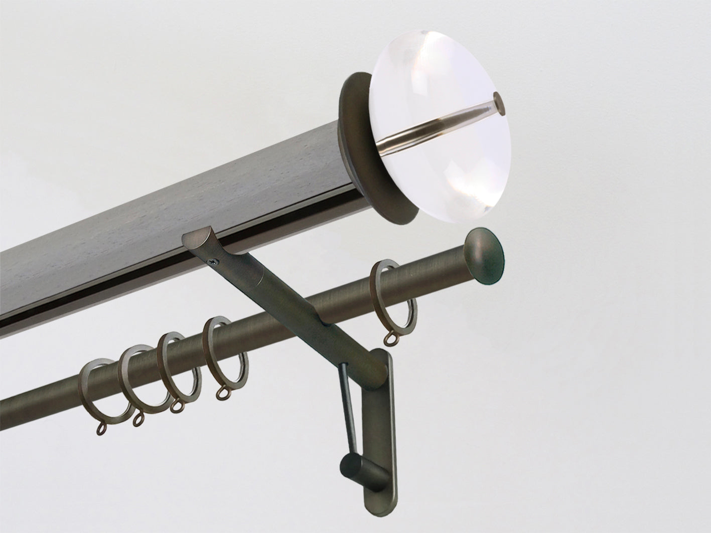 Walcot House | Mouse Grey stained wooden tracked double curtain pole with acrylic finials