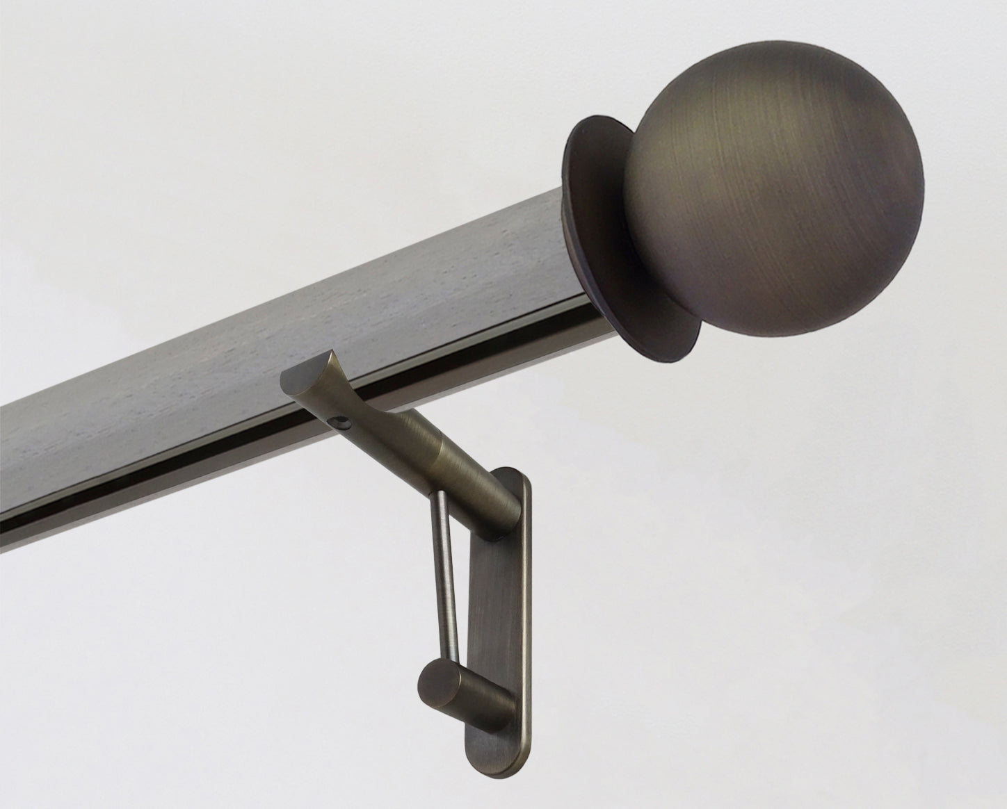 Mouse grey wooden tracked curtain pole with bronze ball finials