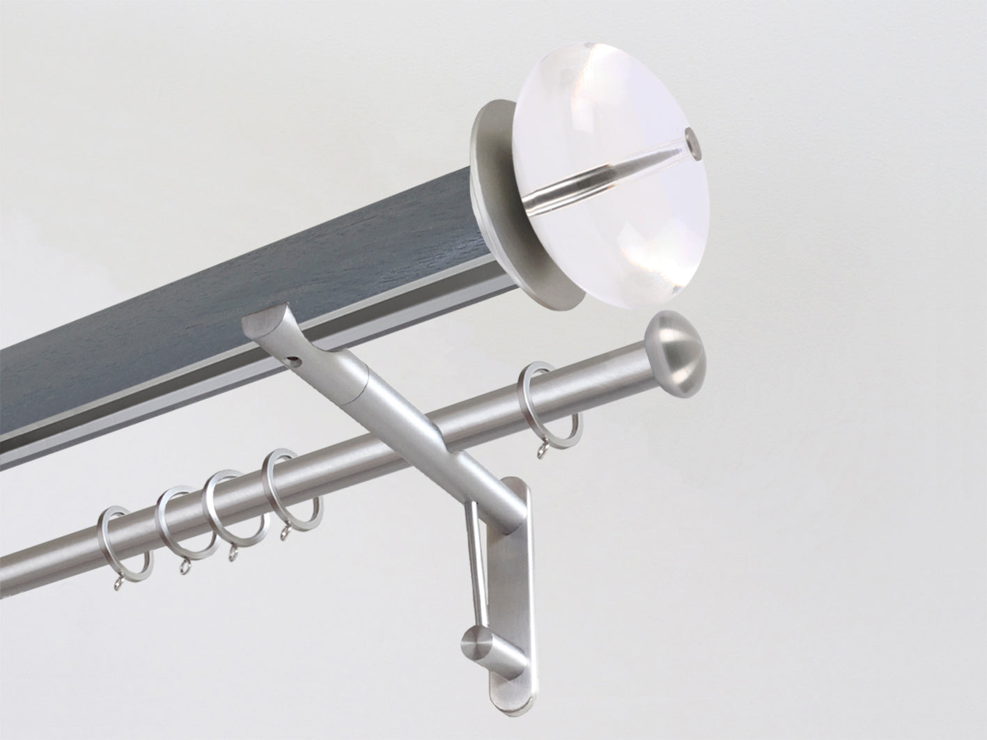 Seal stained wooden tracked curtain pole with acrylic finials and brushed bronze detail