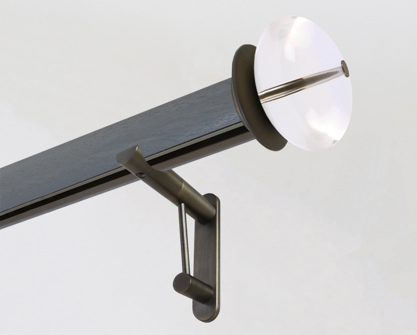 Dark blue grey curtain wooden pole with track inserted and acrylic finials