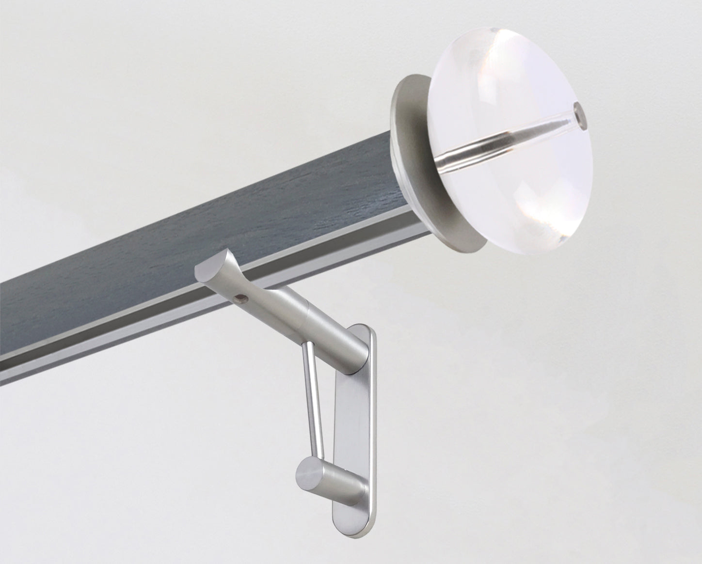 Dark blue grey curtain wooden pole with track inserted and acrylic finials