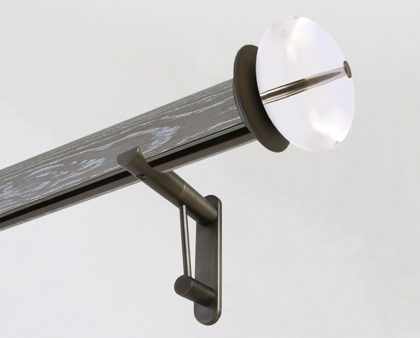 Designer real solid oak curtain pole set with clear perspex finials, 50mm diameter with integrated track | Walcot House