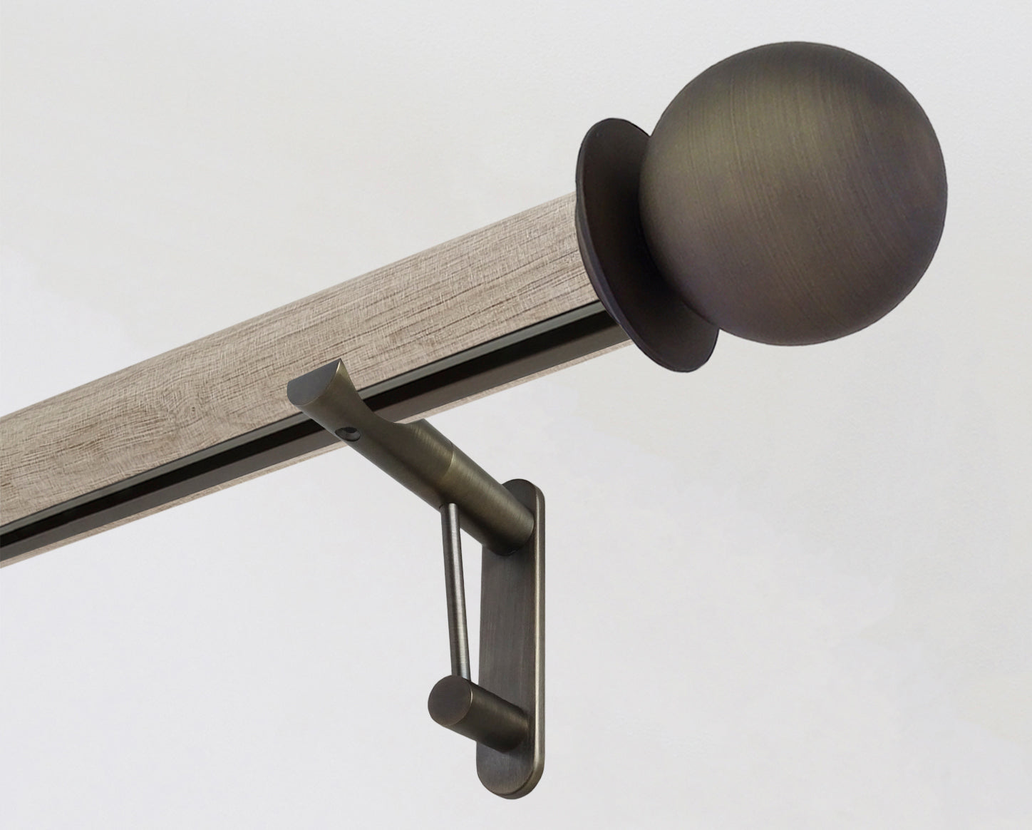 Unfinished real oak curtain pole set with hidden track and metal ball finials | Walcot House