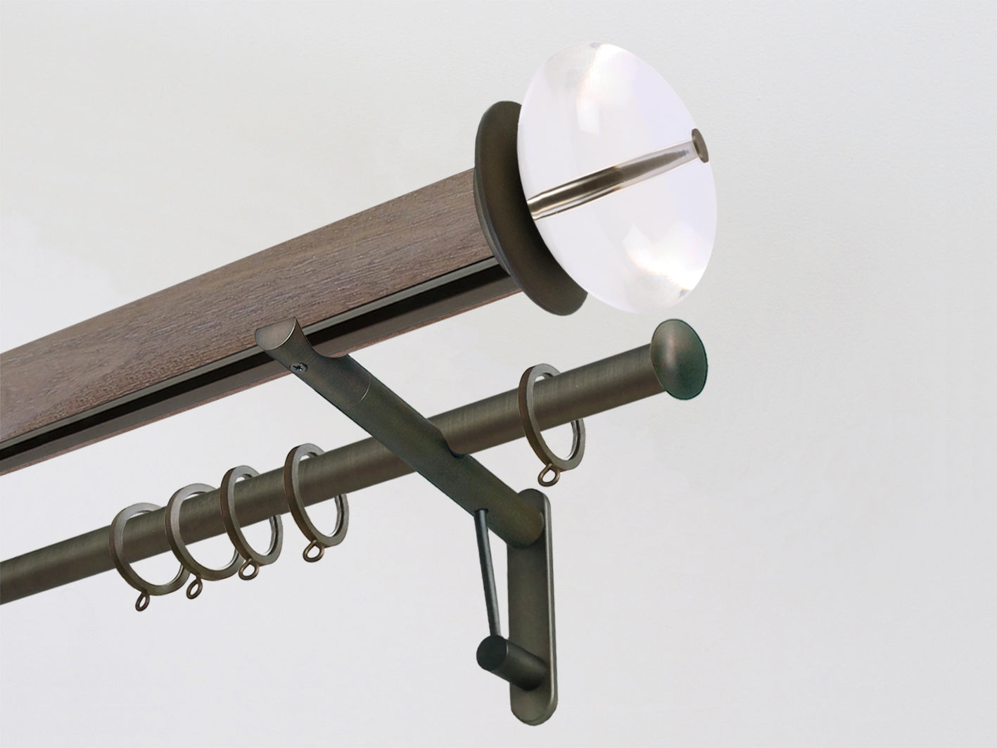 Weathered oak stained wooden tracked curtain pole with acrylic ball finials