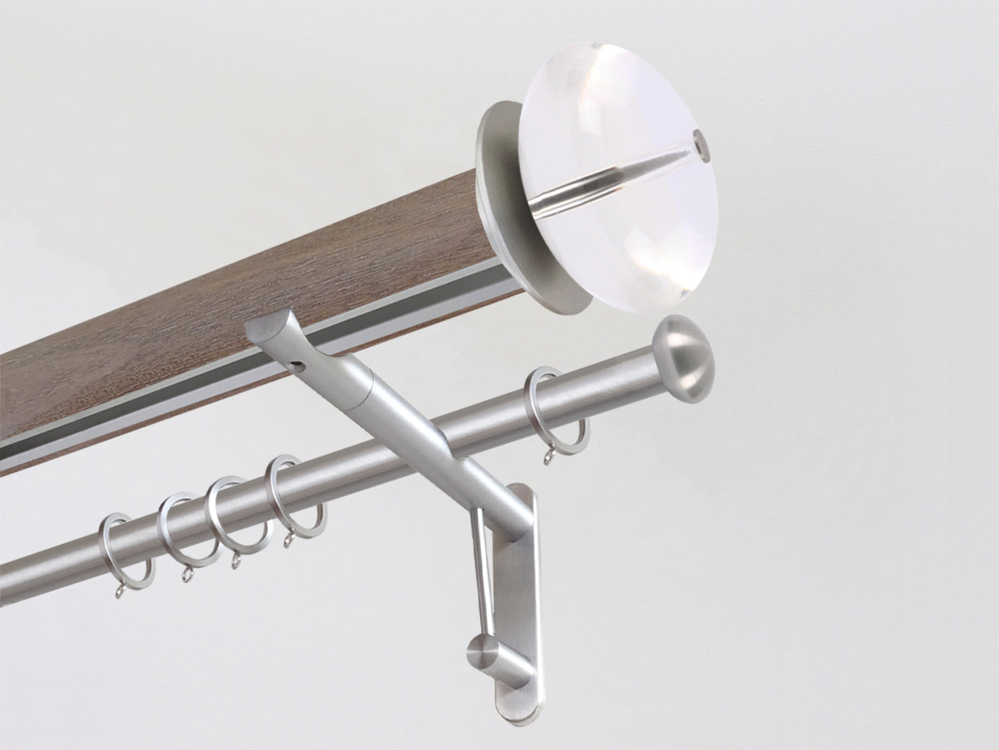 Weathered oak stained wooden tracked curtain pole with acrylic ball finials