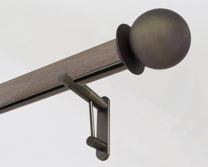 weathered oak wooden tracked pole with ball finials