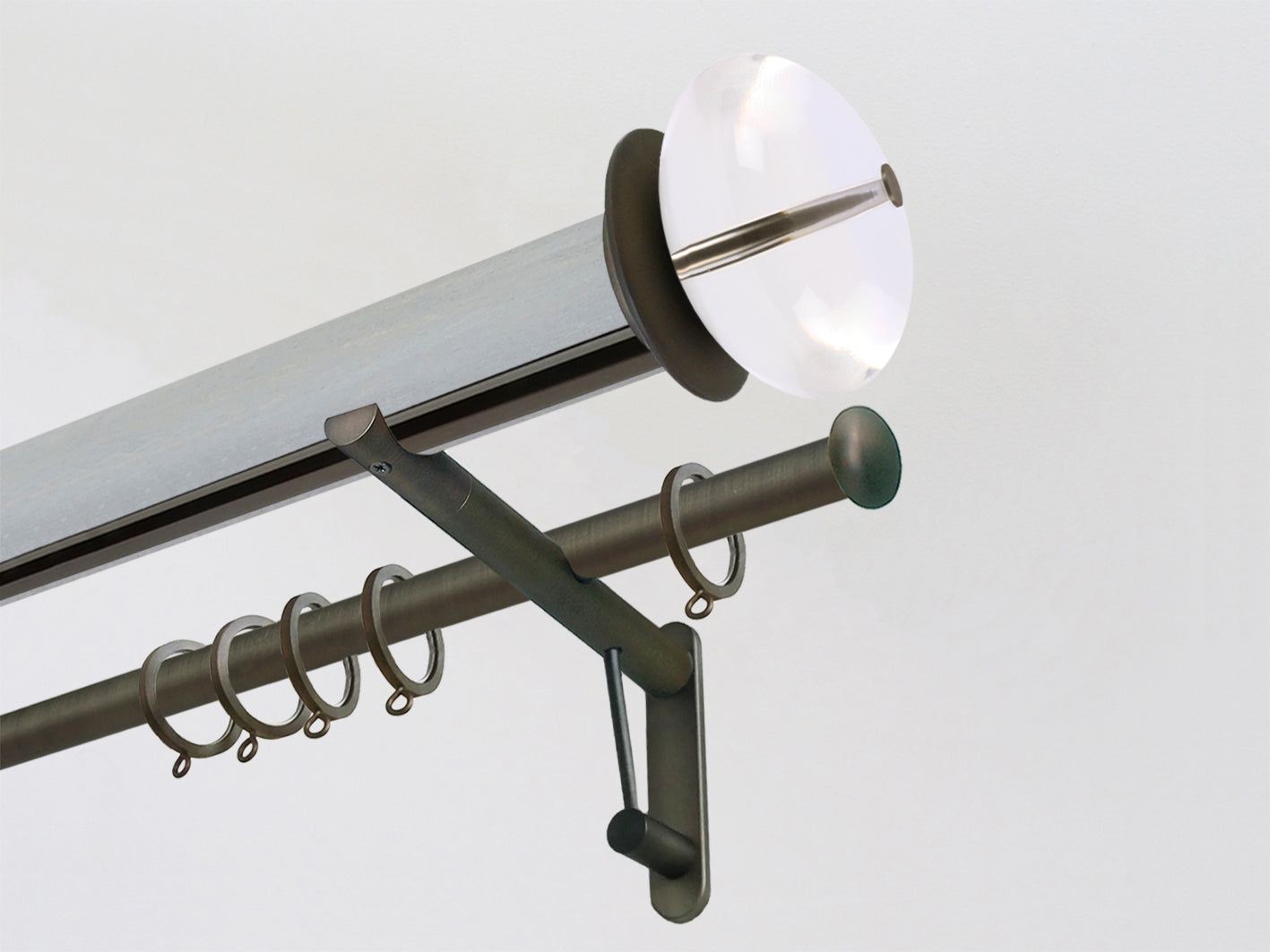 Wood Pigeon stained wooden tracked double curtain pole with acrylic finials