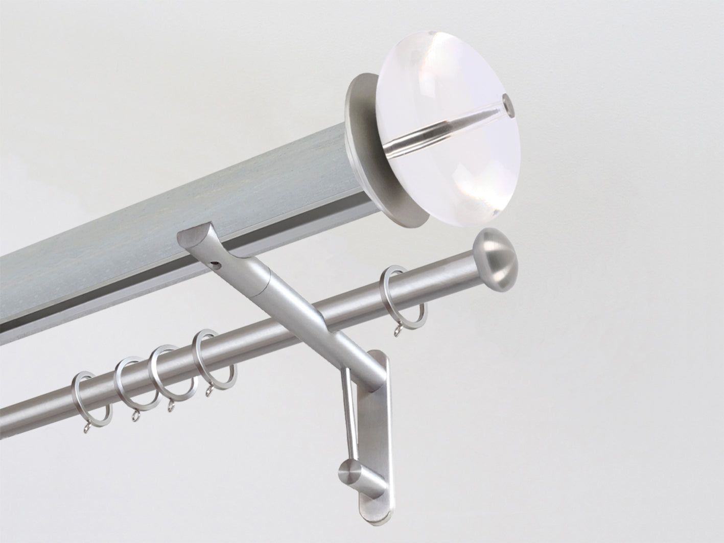 Wood Pigeon stained wooden tracked double curtain pole with acrylic finials