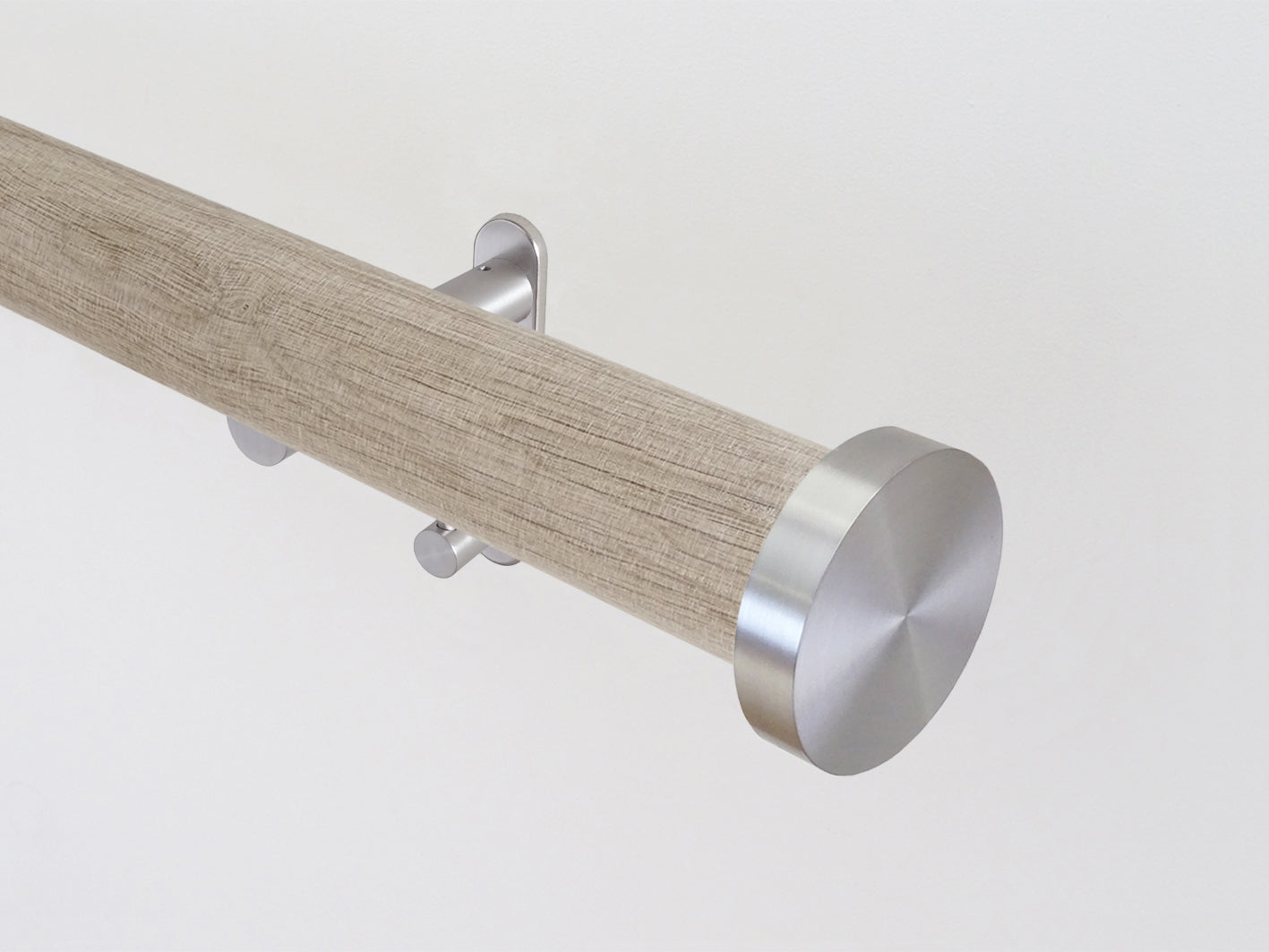 Real solid oak curtain pole - unfinished. Stainless steel brackets, finials & rings