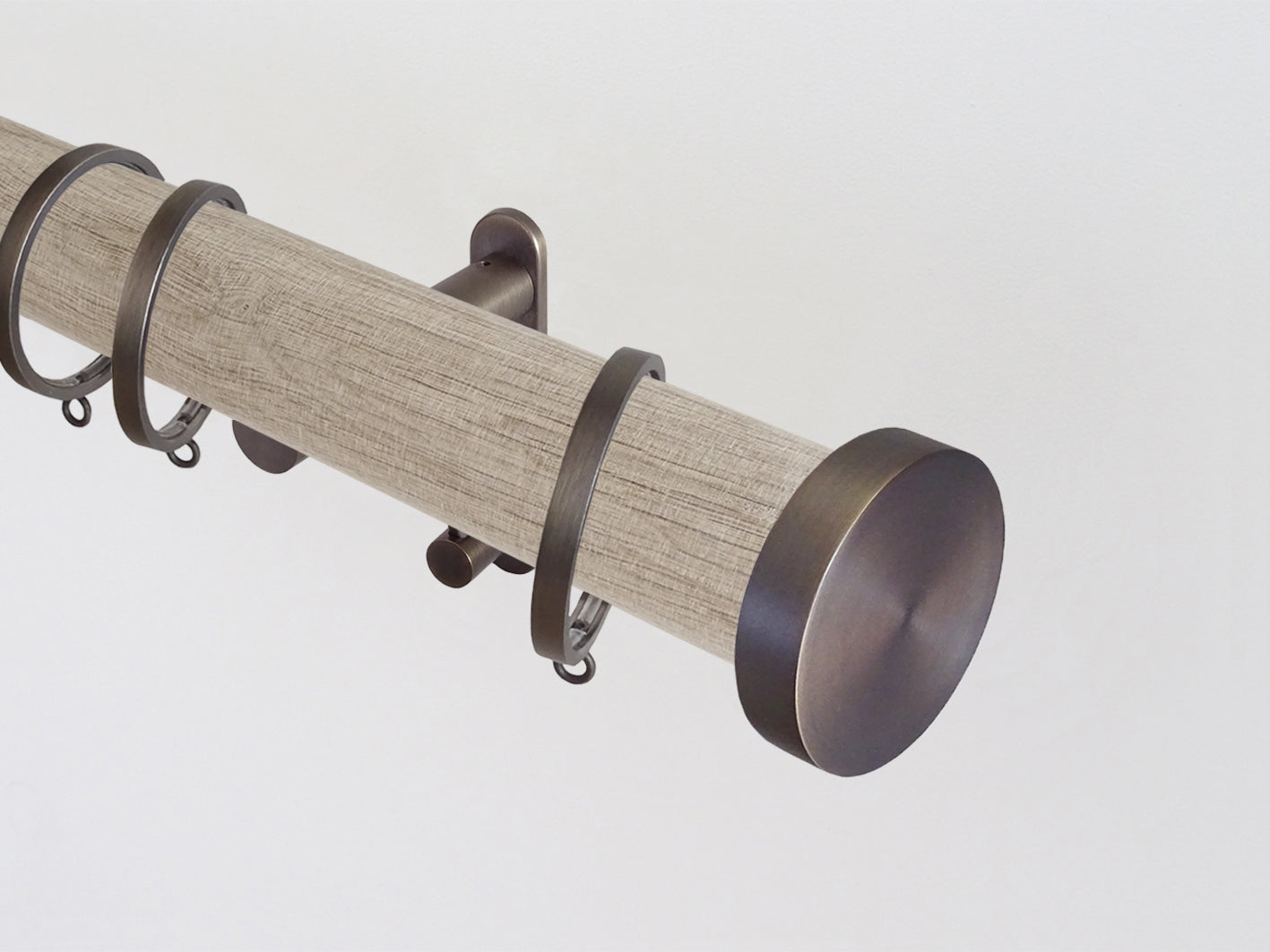 Real solid oak curtain pole - unfinished. Bronze brackets, finials & rings