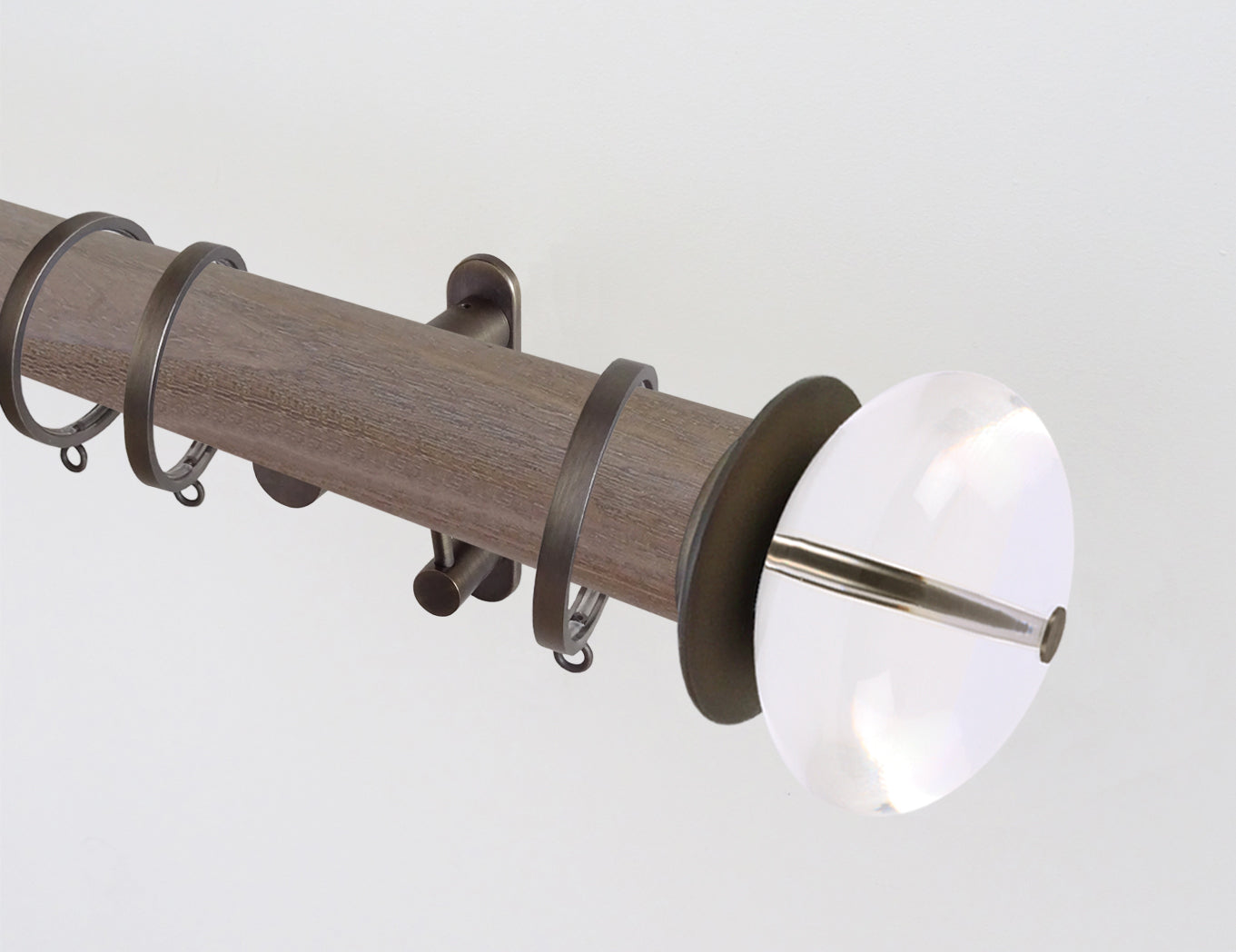 50mm dia. weathered oak stained wooden curtain pole with acrylic ball finials & brackets